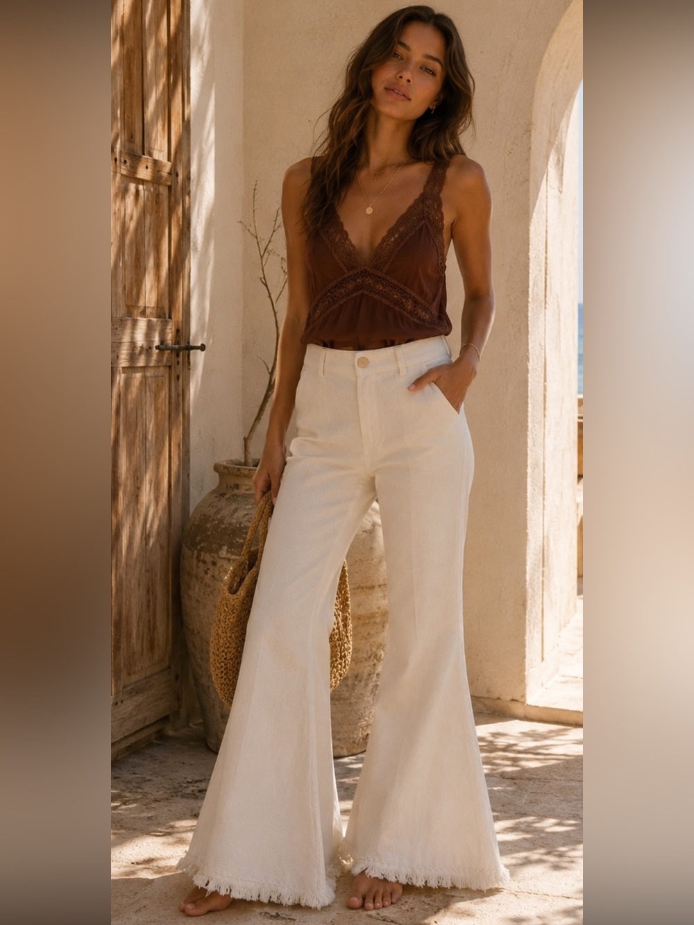 LA TROUPE Tulum Linen Blend Flare Pants Ivory Boho Resort Coastal Quiet Luxury - Picture 4 of 11